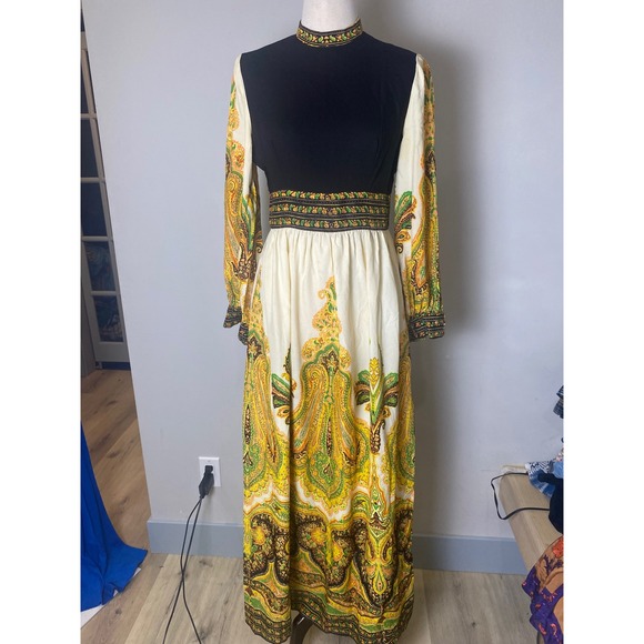 Vintage Dresses & Skirts - Vintage 1960s Paisley Maxi Dress Mock Neck Boho Mod Long Sleeve Black Gold Green